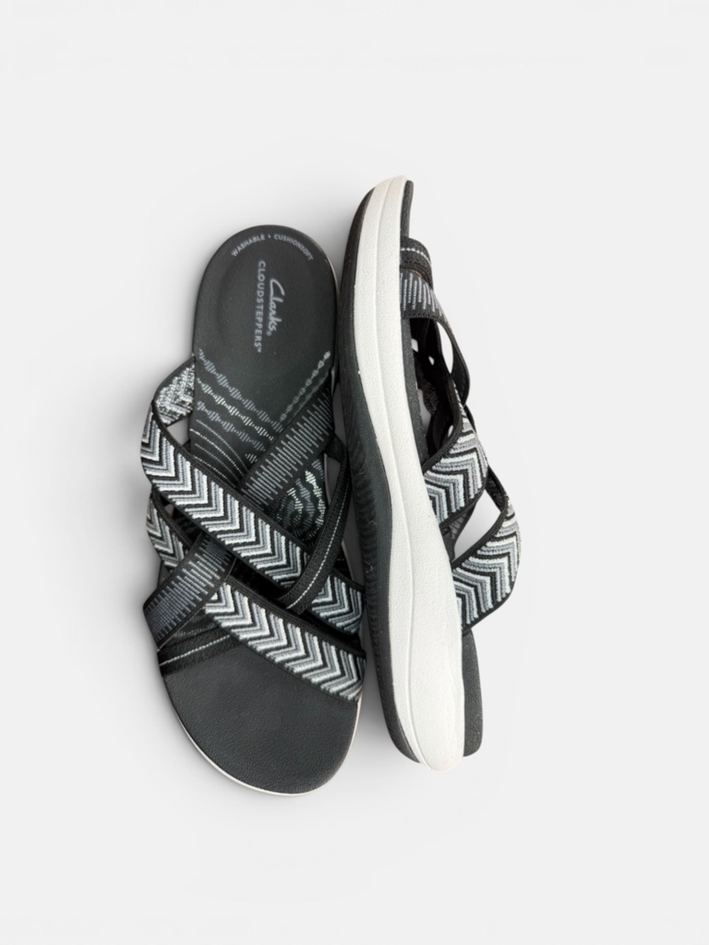 Clarks Women’s Black and Gray Chevron Slide Sandals